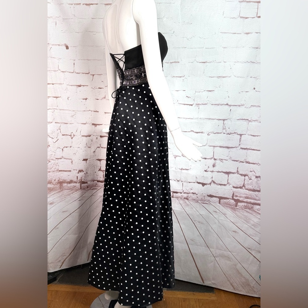 Jeweled Strapless Lace-Up Back Black and White Polka Dot Maxi Dress Size Small - Picture 7 of 16